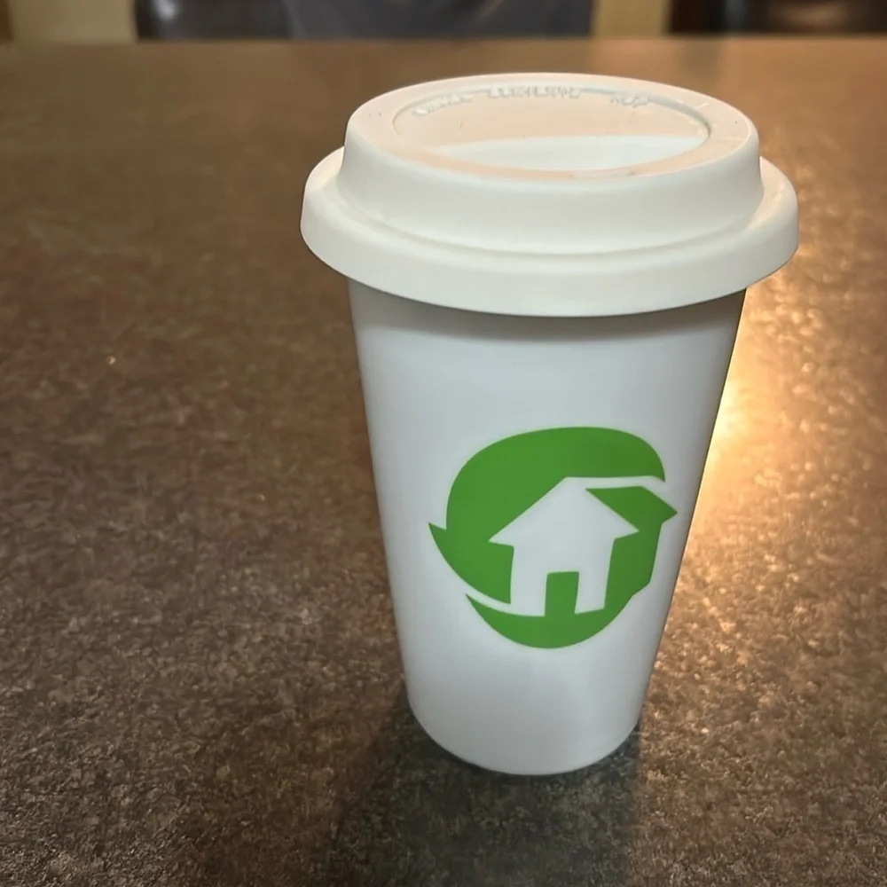 Coffee Cup Habitat for Humanity Logo White Ceramic with Rubber Lid 8 oz. - Picture 1 of 4